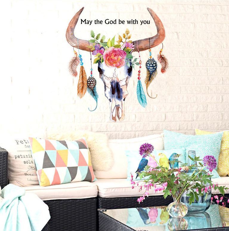 Wall Stickers Removable Cow Ox Horn Head Feather Living Room Decal Art Decor Kid