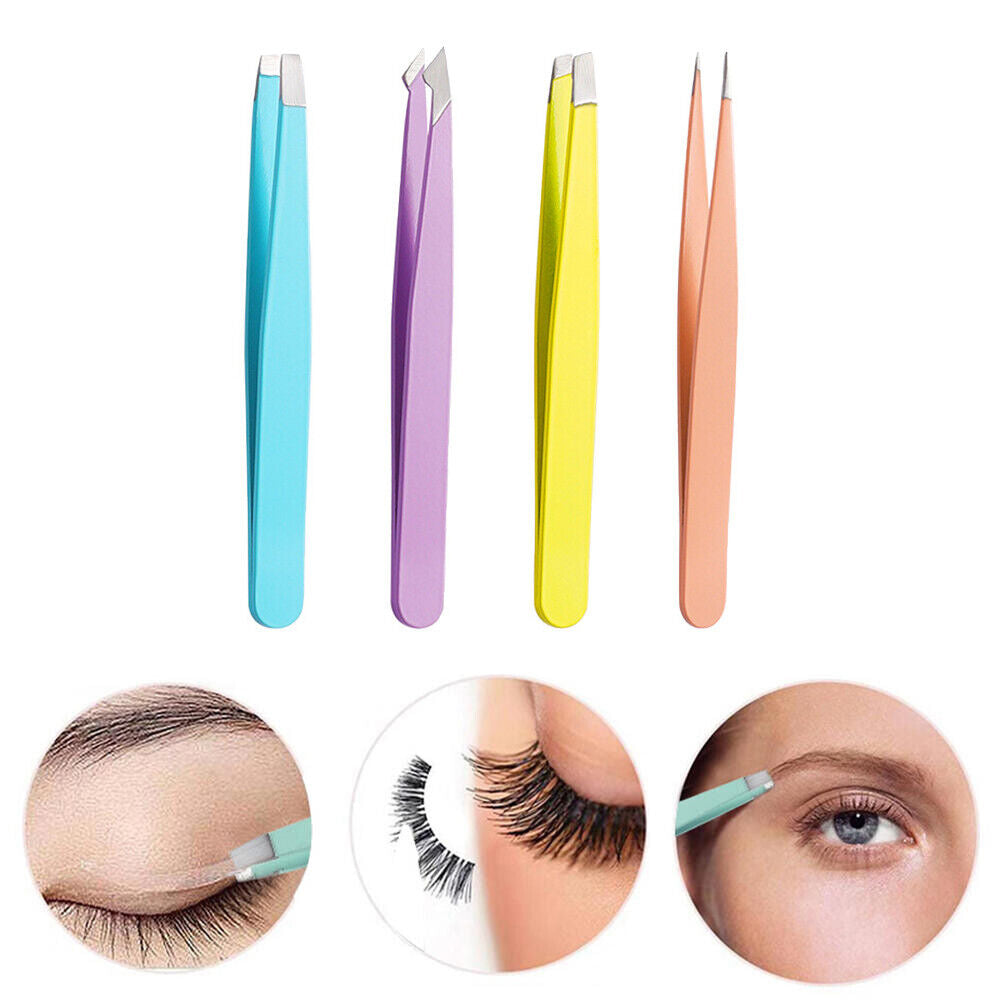 4X Professional Eyebrow Tweezers Kit Slanted Pointed Tip Manicure