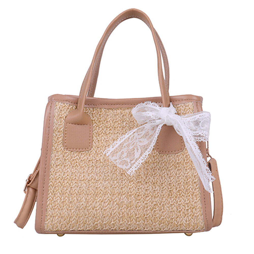 Beach Straw Shoulder Bag Summer Lace Splicing Hand-Woven Crossbody Tote Handbags