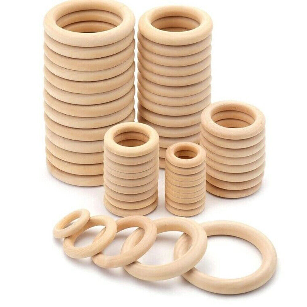 30pcs Wood Rings Unfinished Raw Natural Round Craft Donut Ring Wooden Circle Beads