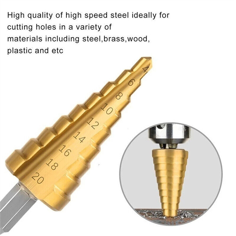 3PCS HSS Steel Step Cone Drill Titanium Metal Hole Cutter Bit Set 4-12/20/32mm