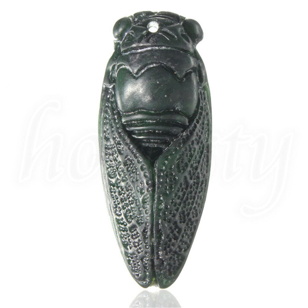 Natural Obsidian Green Jade Hand Carved Cicada Good Luck Charm Jewelry Pendant