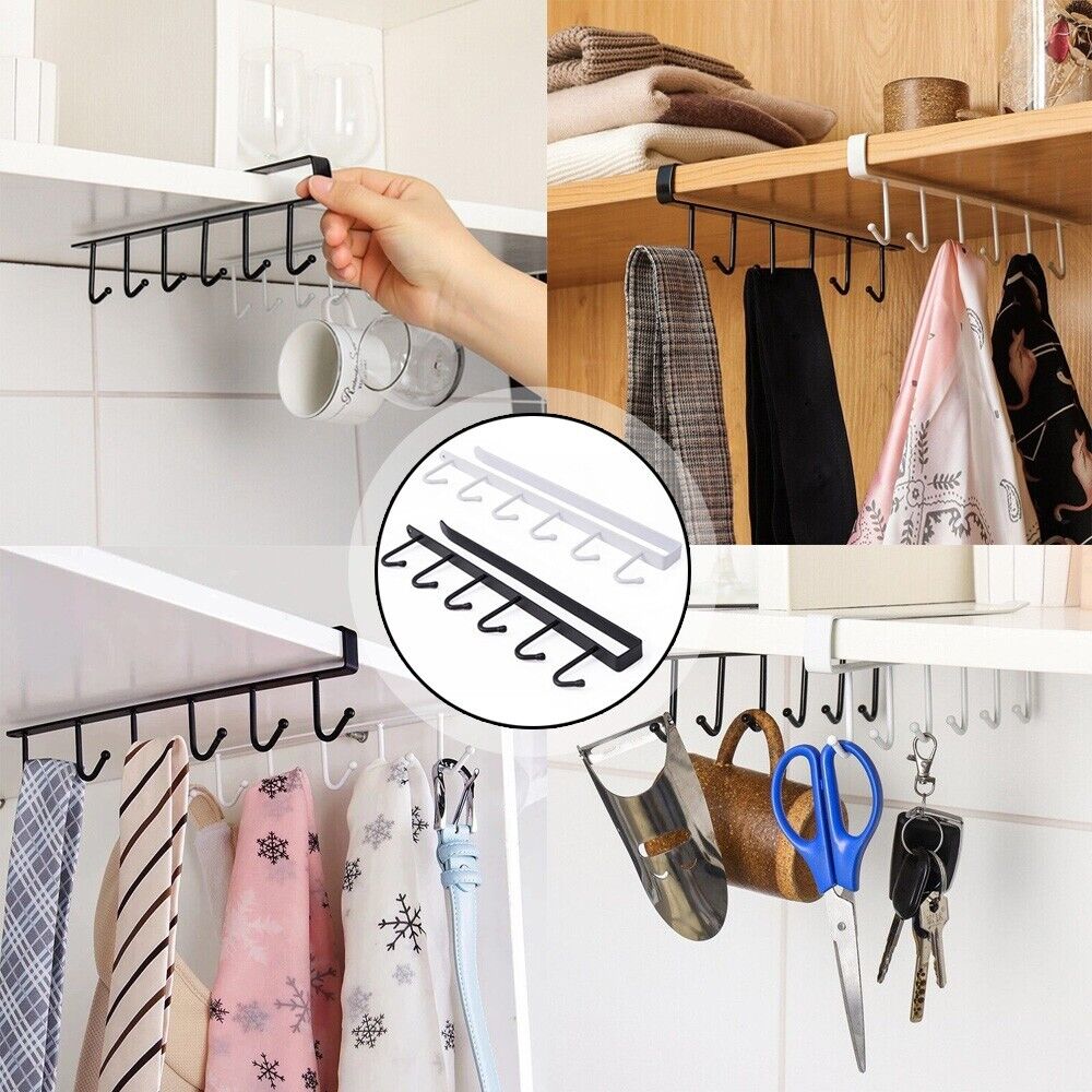 6/12 Hook Mug Cup Rack Holder Under Shelf Kitchen Cabinet Metal Hanger Wardrobe