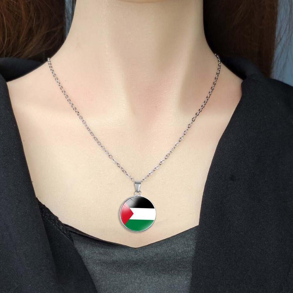 Silver Plated Palestine Flag Map Round Necklace Pendant