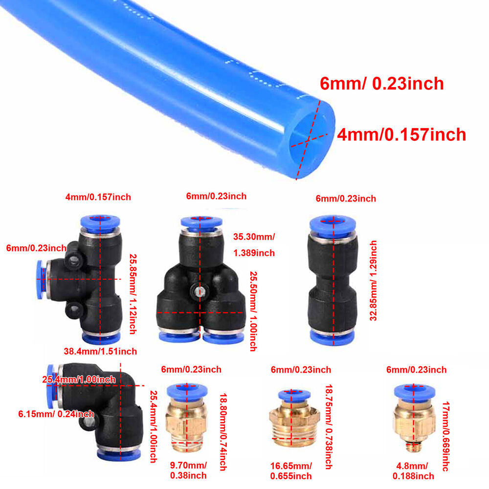 10M 6mm OD 4mm ID PU Air Hose Pipe Tube Blue with Connect Fitting Kit