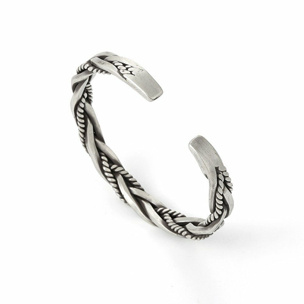 Mens Vintage Open Bangle Silver Thai Handmade Twisted Cuff Bracelet