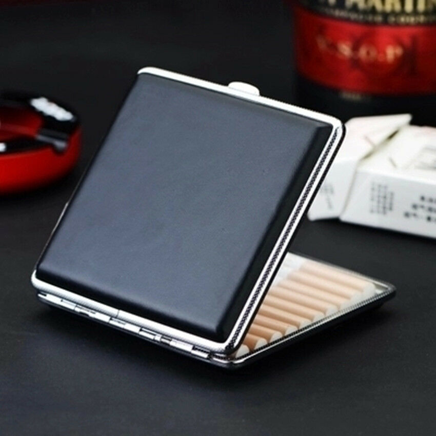 Holder Metal Tobacco Pocket 20 Cigarette Storage Smoke Leather Black Case Box