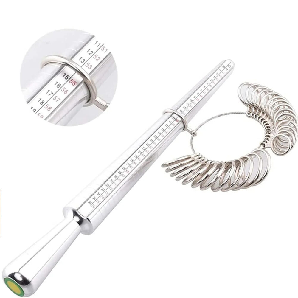 Silver Ring Sizer Size Gauge Tool Set Finger Measuring Stick Metal Ring Mandrel