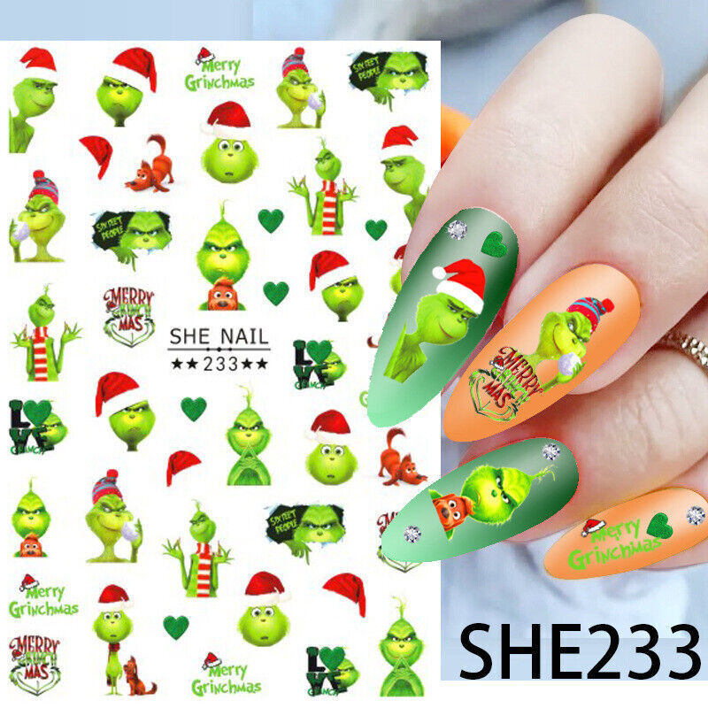 Grinch Christmas Nail Stickers ,Santa Reindeer Gingerbread Snowflake Nail Art