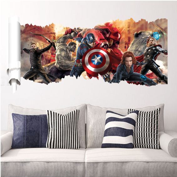 3D Wall Stickers Removable The Avengers Iron Man Hulk Broken Wall Kid Boy Room