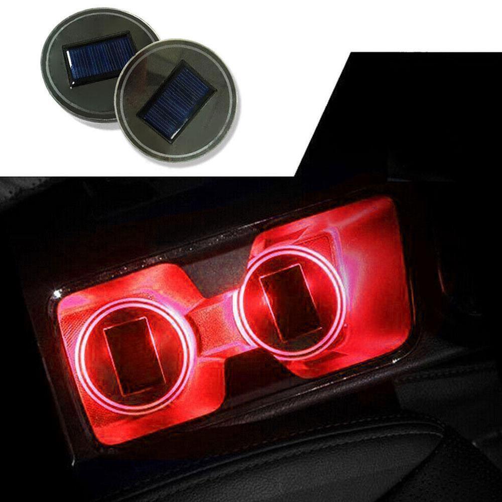 2x LED Solar Cup Pad Car Accessories Light Cover Interior Decoration Lights Red