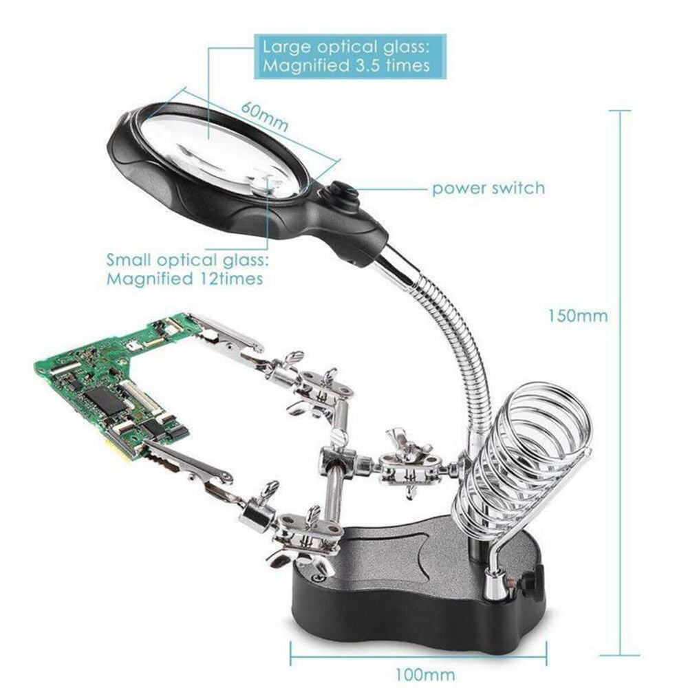 LED Helping Hand Clamp Magnifying Glass Soldering Iron Stand Len Magnifier Tool