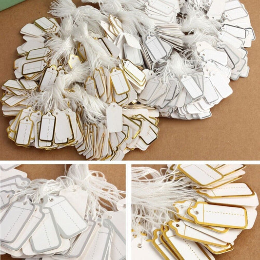 500*White Paper Jewelry Clothes Label Price Tags With Elastic String 2.6x1.3cm