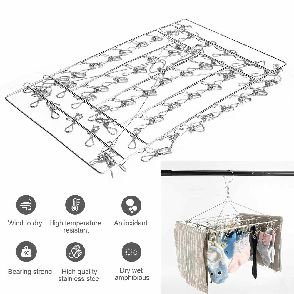 55 Pegs Stainless Steel Sock Hanger Windproof Foldable Space Saving Clothes Rack