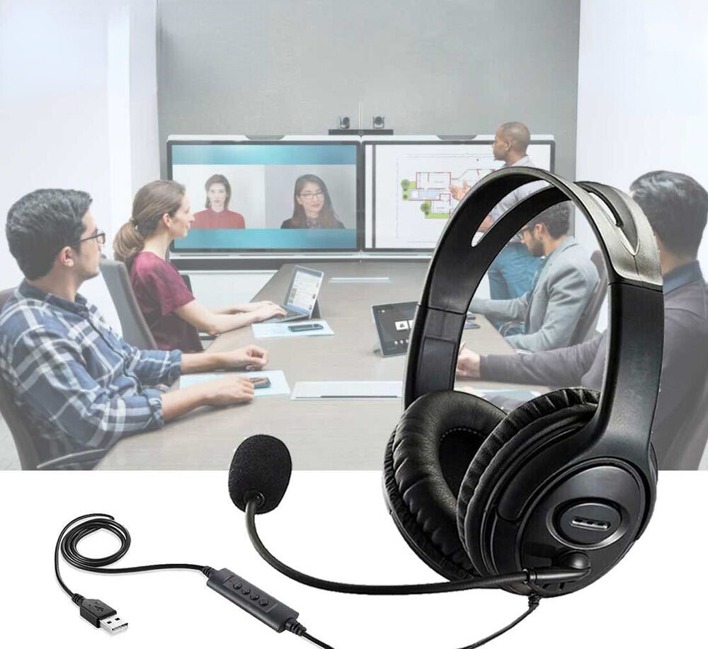 USB Wired Headphone Headset Noise Cancelling With Mic For Computer PC Laptop