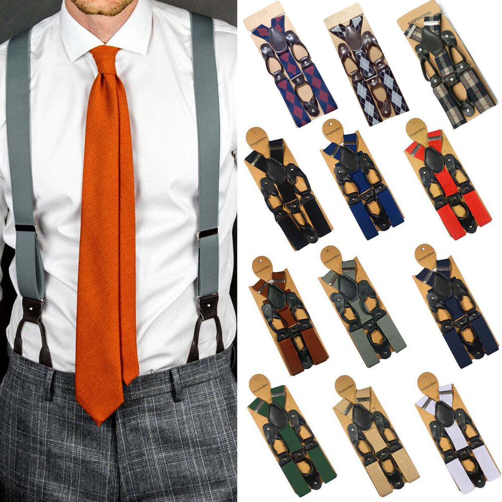 Men's 6 Button Hole Wide Elastic Suspenders Leather 35mm Trousers Braces Belt