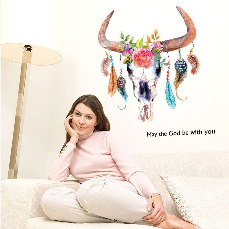 Wall Stickers Removable Cow Ox Horn Head Feather Living Room Decal Art Decor Kid