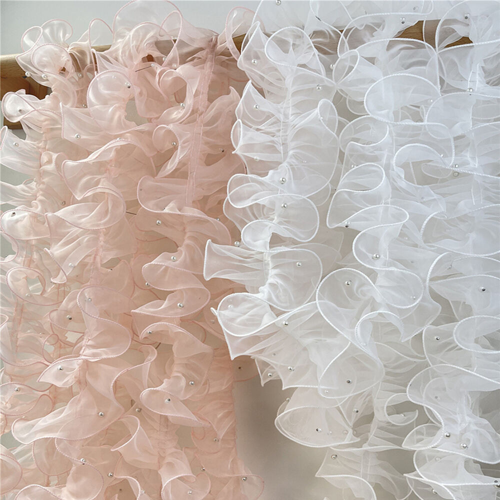 1 Yard Organza Pleats Ruffle Lace Trim Pearl Beaded Ribbon Fabric Sewing Wedding