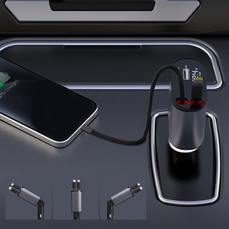 4IN1 120W Retractable Car Charger with Fast USB C PD Cable for Phone Fast Charge