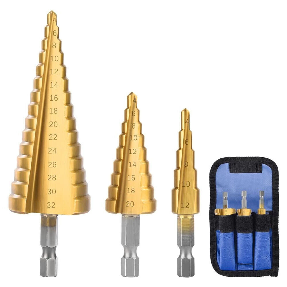 3PCS HSS Steel Step Cone Drill Titanium Metal Hole Cutter Bit Set 4-12/20/32mm