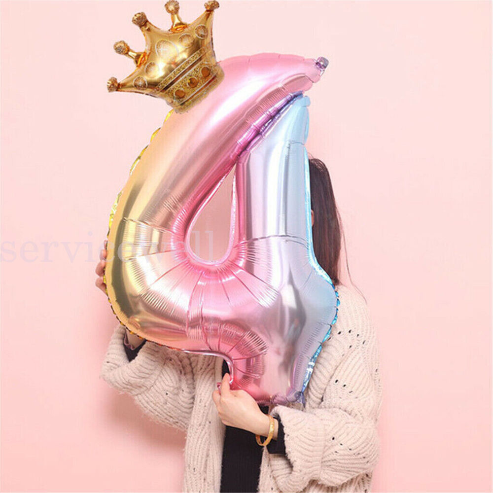 32" Rainbow Number Foil Balloon with Gold Crown Birthday Party Wedding New Year