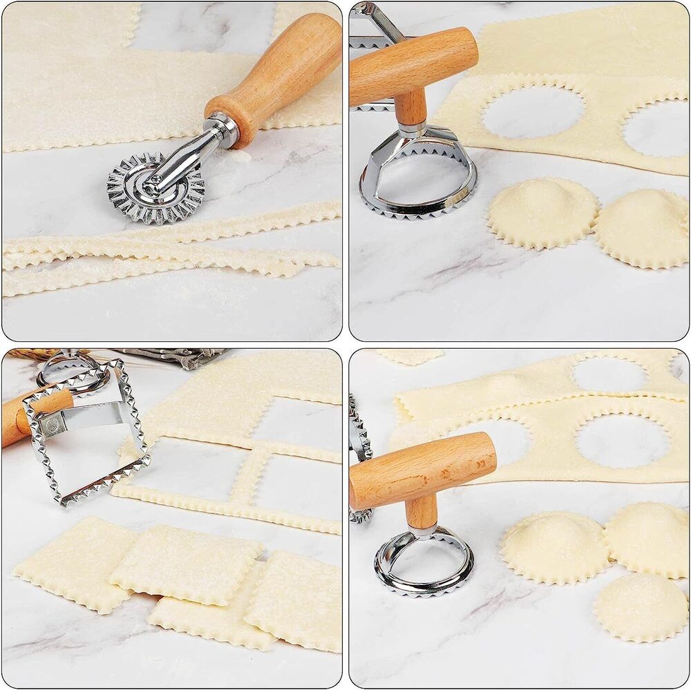 4pcs Ravioli Maker Cutter with Wooden Handle Pasta Pierogi Maker Mould Tray Stamp