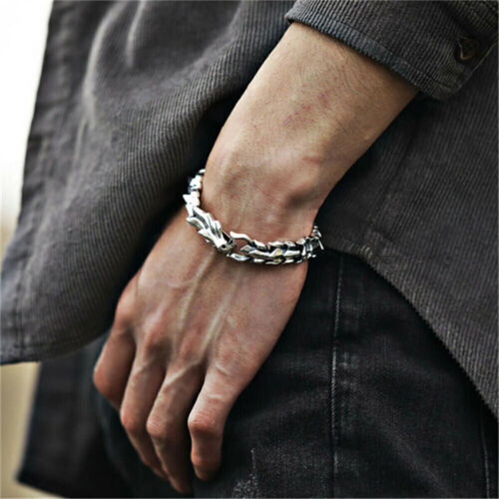 Viking Dragon Link Chain Bracelet Cool Men Stainless Steel Ouroboros Bangle Gift