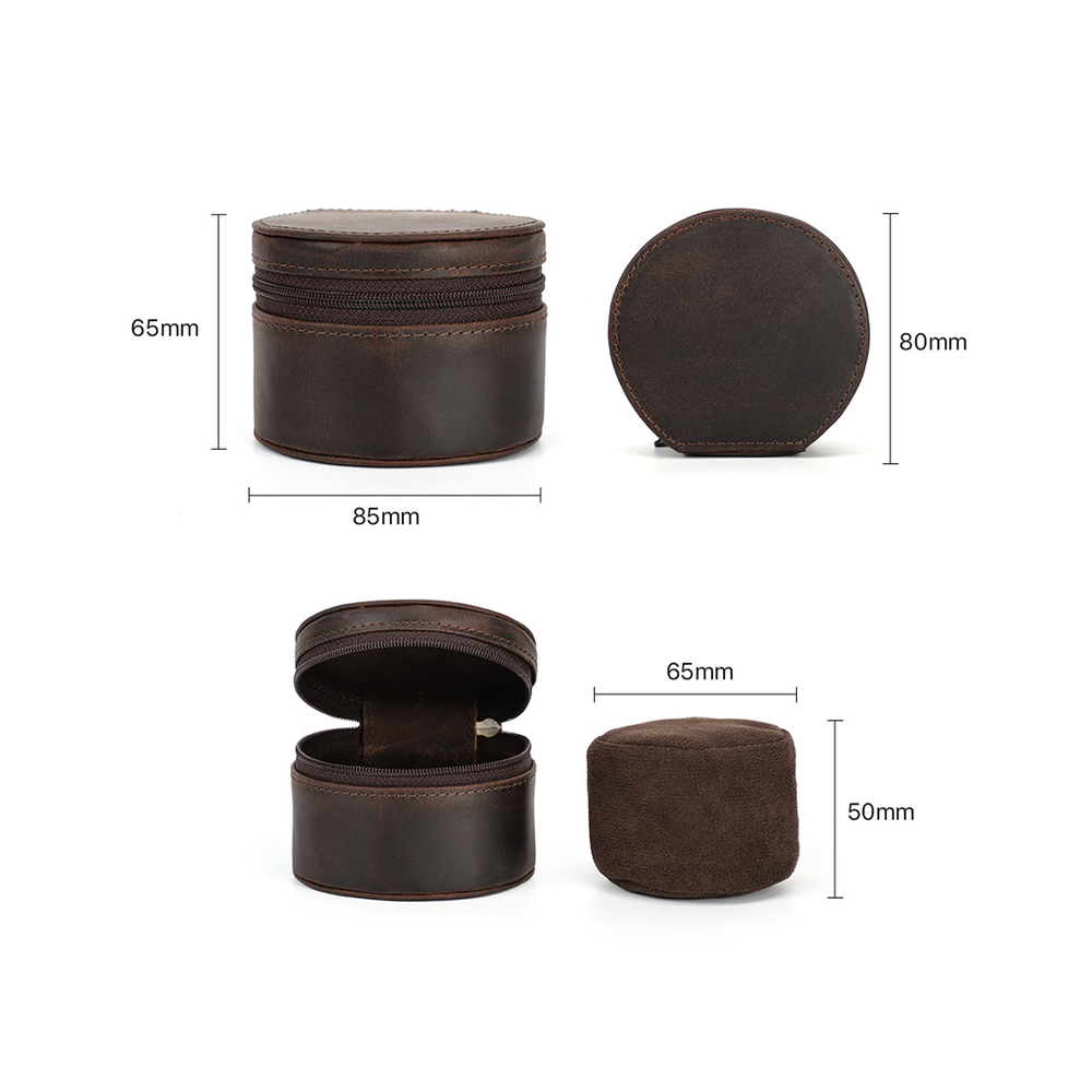 Watch Case Vintage Leather Single Round Zipper Travel Storage Box Coffee