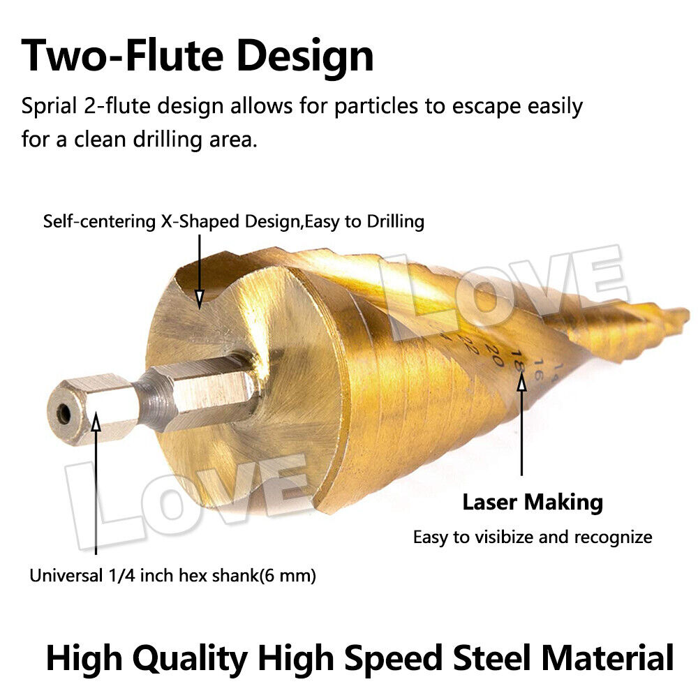 3PCS HSS Steel Step Cone Drill Titanium Metal Hole Cutter Bit Set 4-12/20/32mm3 件套高速钢阶梯锥钻钛金属孔刀钻头套装 4-12/20/32 毫米