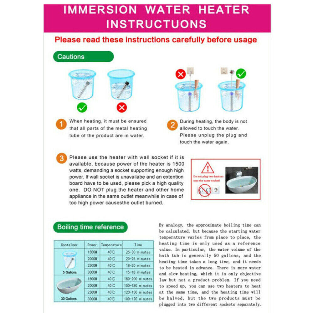 3000W Immersion Water Heater Stainless Steel Element Boiler Bathroom