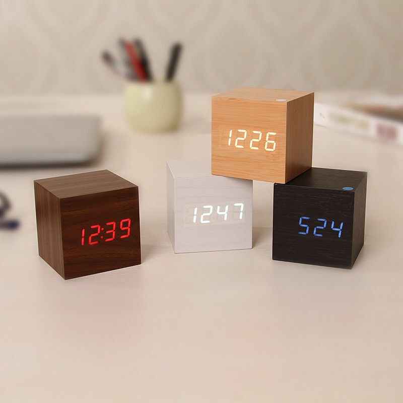 Wooden Digital Desk Table Clock LED Display Alarm Temperature Modern Home Decor