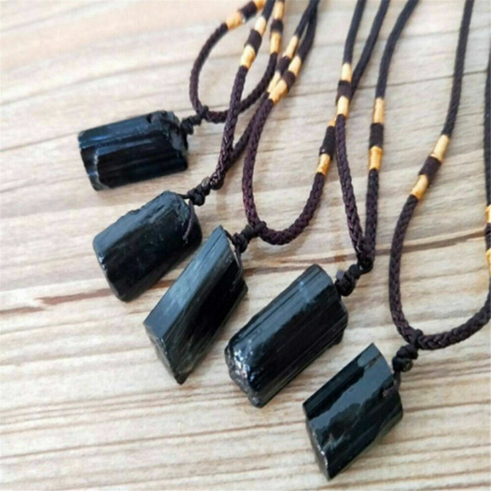 Women Men Black Natural Tourmaline Stone Pendant Crystal Gem Specimen Necklace