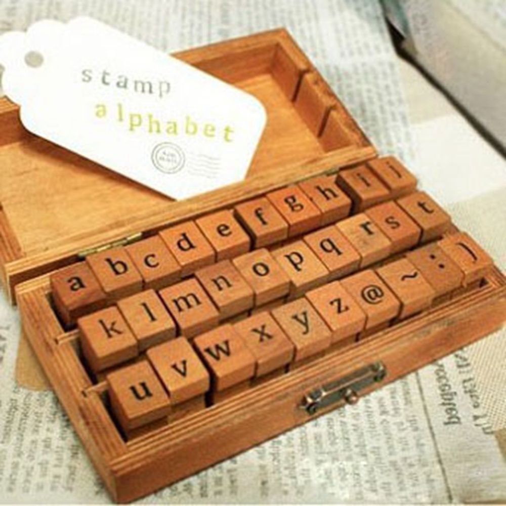 30pcs Retro Alphabet Letter Uppercase Lowercase Wooden Rubber Stamp Set