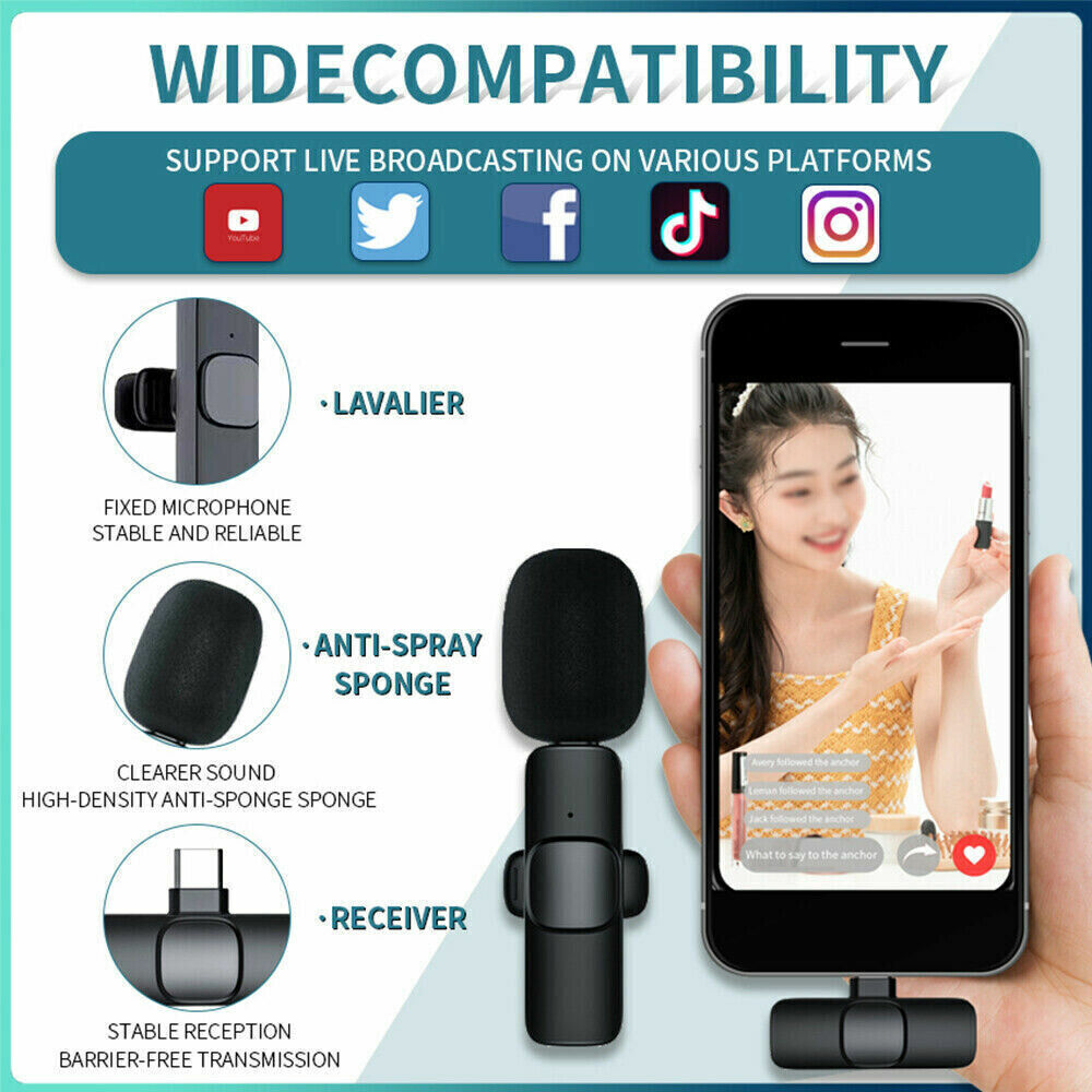 2x Mini Wireless Lavalier Microphone Clip on Lapel Mic For iPhone iPad Samsung Vlog