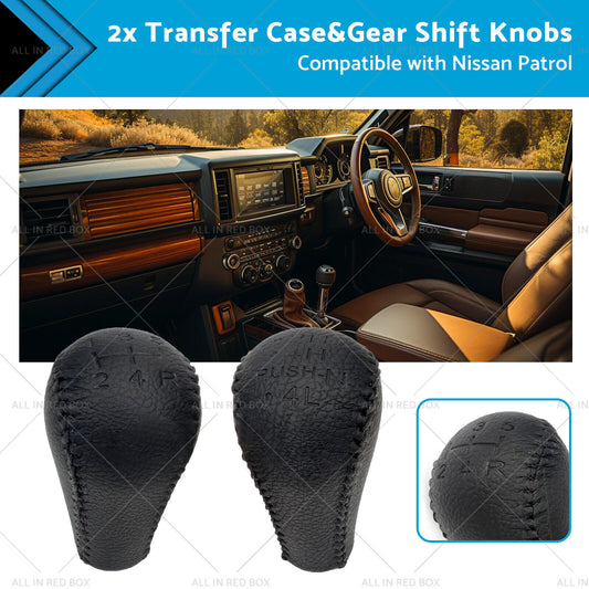 2x Leather Transfer Case&Gear Shift Knobs Black Suitable for Nissan Patrol GQ GU