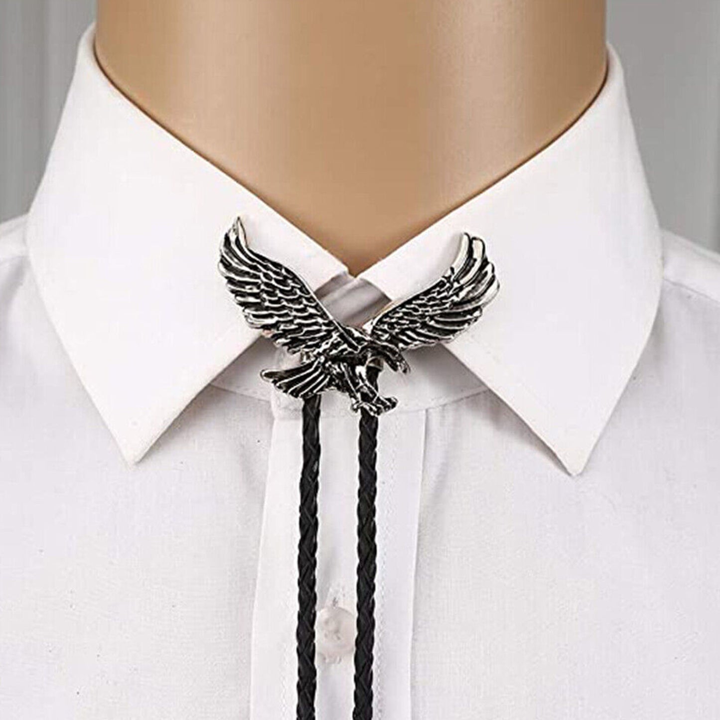 Western Bolo Tie for Men Silver Fly Eagle Cowboy Tie Black Leather Bolo Necktie~