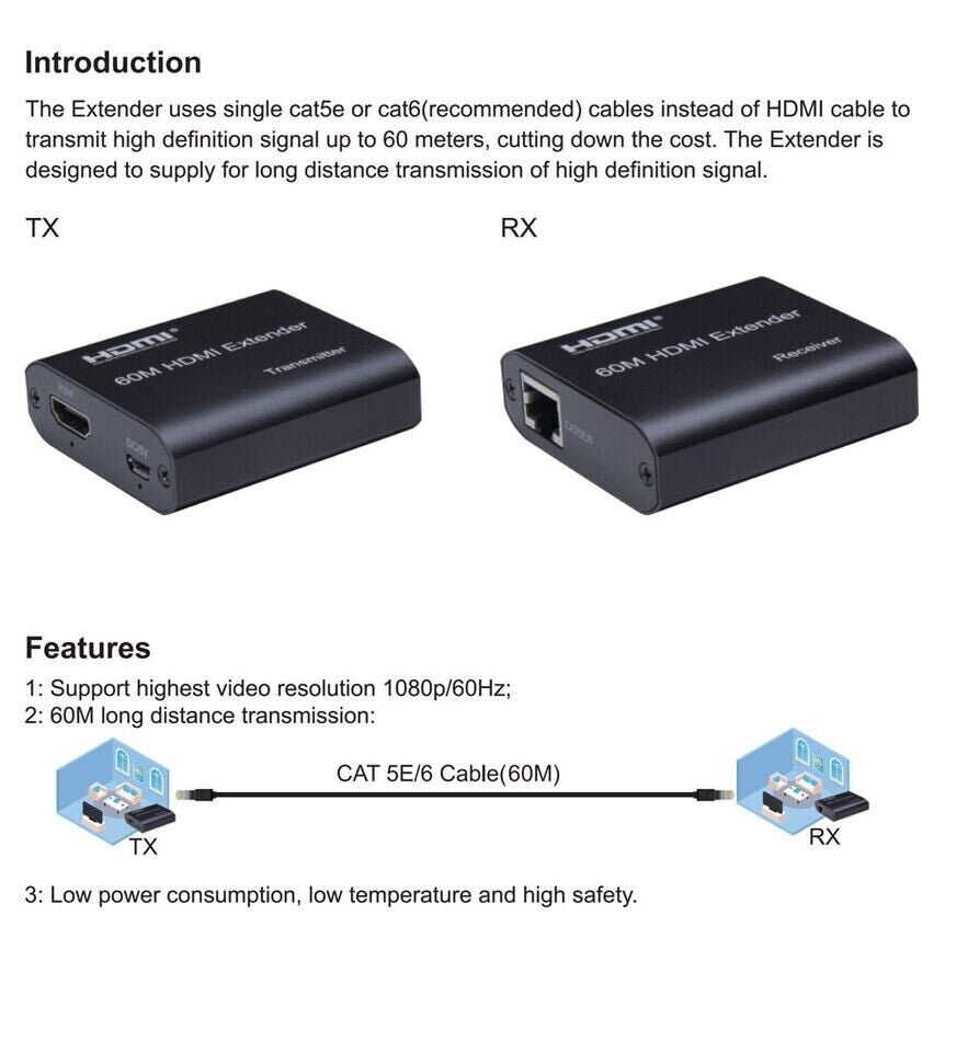 HDMI Extender over Single Network cat5e/6 RJ45 Ethernet Cable up 60m PC Laptop