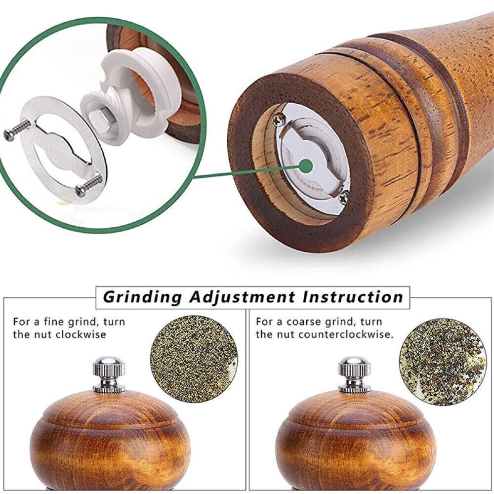 2x Adjustable Manual Pepper Grinder Wooden Salt Pepper Mill With Ceramic Grinder