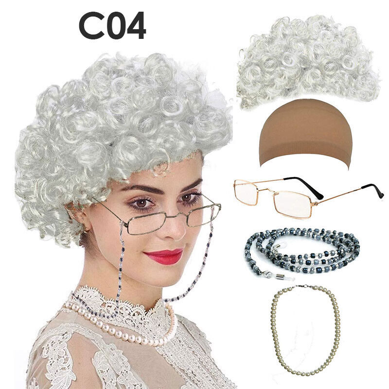 Old Lady Grandma Dress Up Set Granny Wig Party Kid Masquerade Cosplay Set 5Pcs