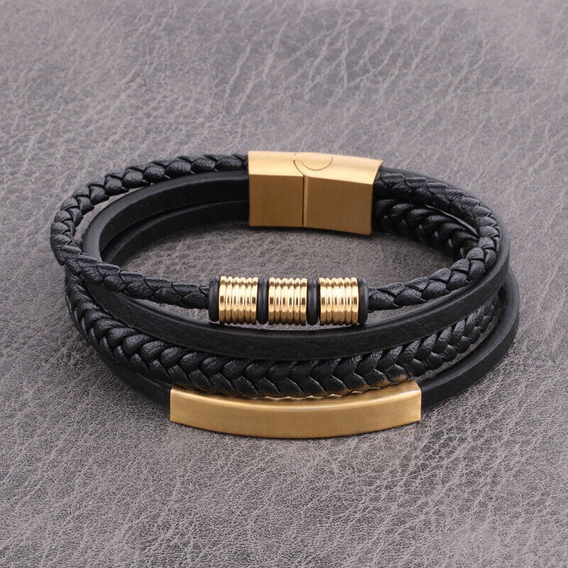 Men's Stainless Steel Leather Bracelet Multilayer Braided Cuff Magnetic Clasp