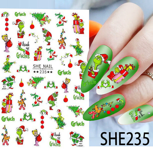 Grinch Christmas Nail Stickers ,Santa Reindeer Gingerbread Snowflake Nail Art