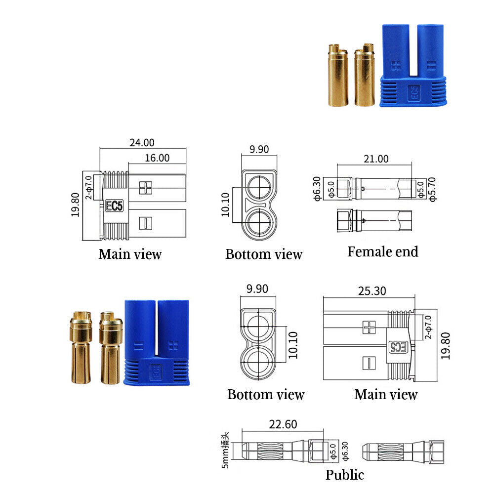 30PCS EC5 Banana Plug Female Male Gold Connector Socket for AMASS 5mm E-flite