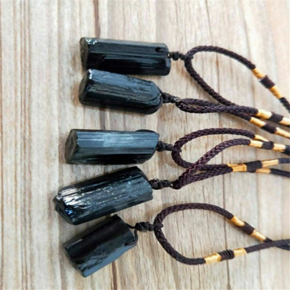 Women Men Black Natural Tourmaline Stone Pendant Crystal Gem Specimen Necklace