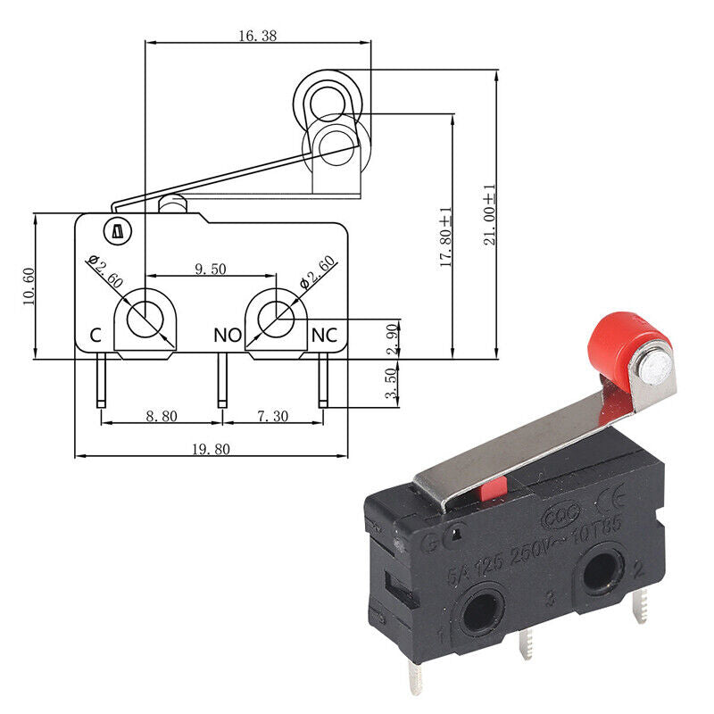 10Pcs Micro Roller Lever Arm Open Close Limit Switch KW12-3 PCB Microswitch