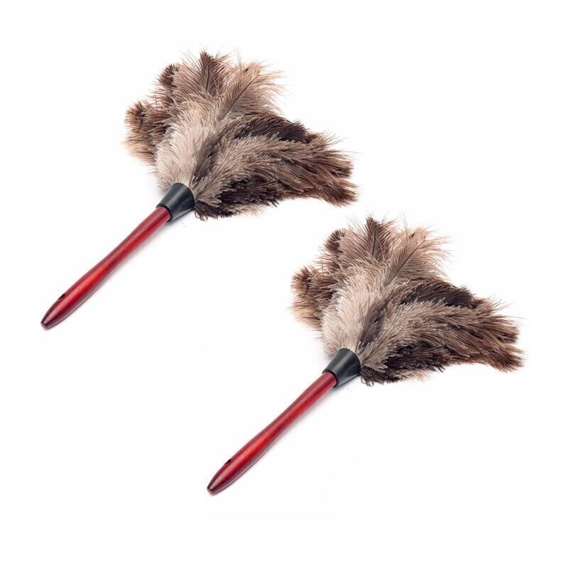 2× Anti Static Genuine Ostrich Feather Duster Wooden Handle Brush Clean