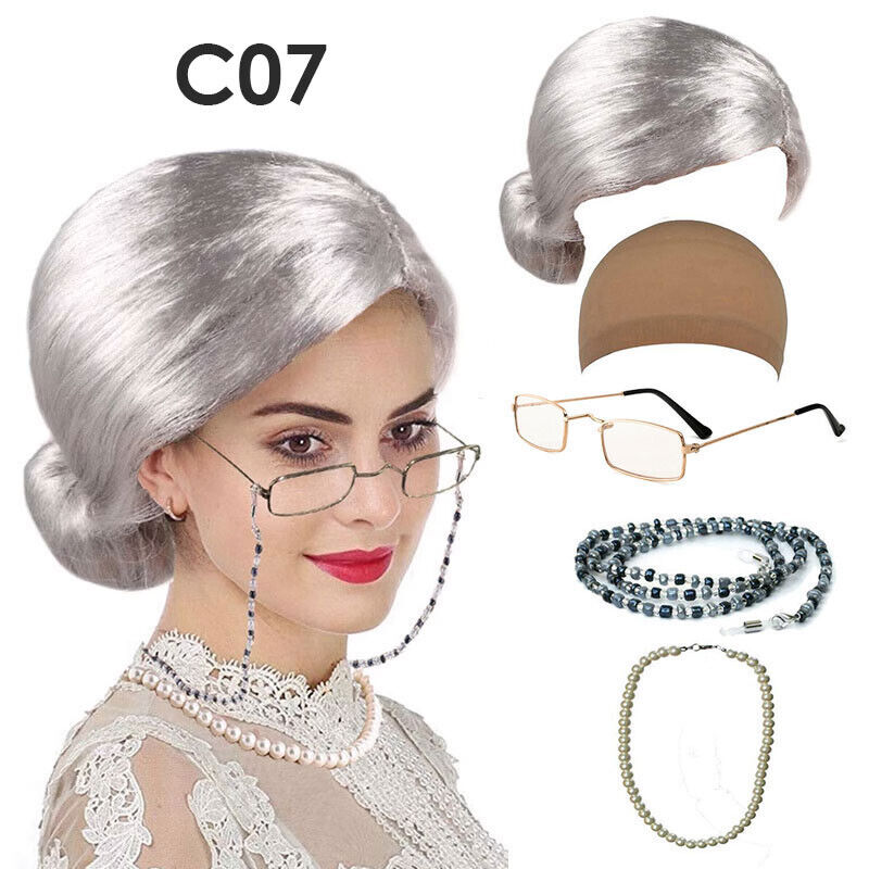 Old Lady Grandma Dress Up Set Granny Wig Party Kid Masquerade Cosplay Set 5Pcs