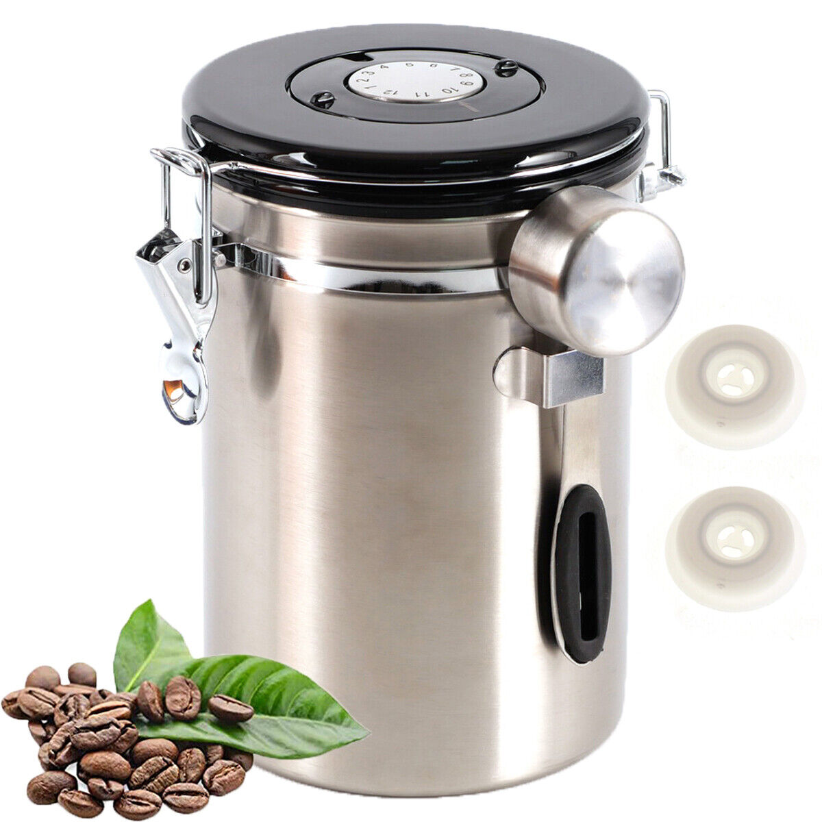 1.8L Coffee Canister Airtight Stainless Steel with Co2 Valve Date Tracker Spoon