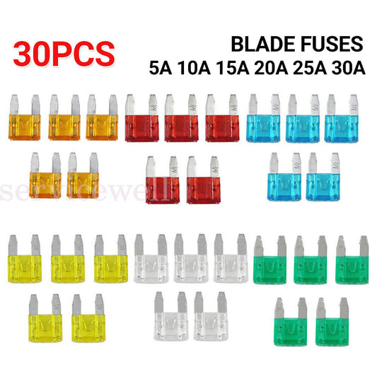 30pcs Mini Blade Fuses Set 5A 10A 15A 20A 25A 30A Fuse Assortment Kit For Car