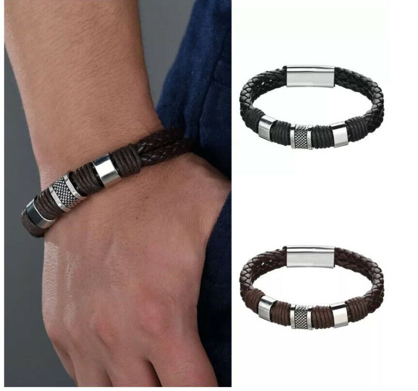 Men Alloy Magnetic Buckle Bracelet Bangle Cuff Vintage Wristband Rope