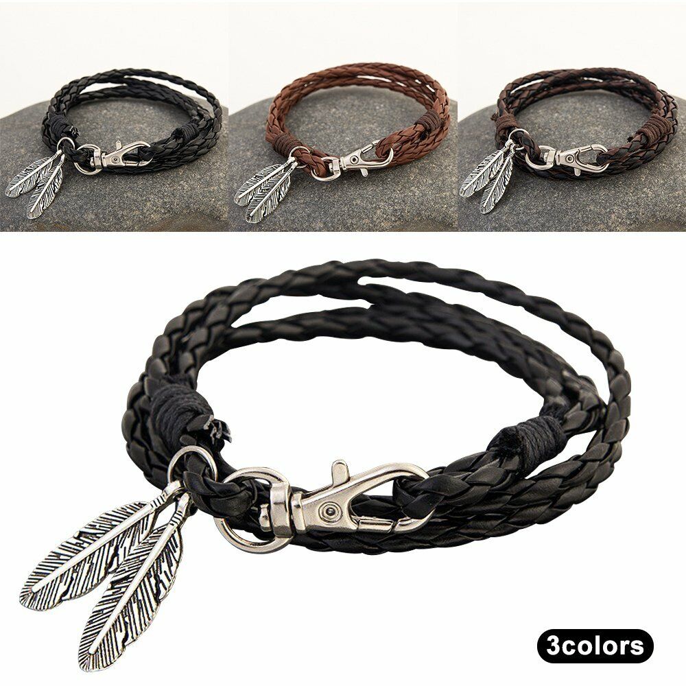 Mens Womens Surfer Patrol Leather Bracelet Feather Clasp Cord Wristband Gift Y1